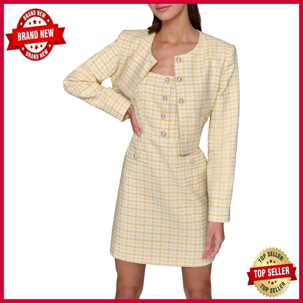 Tweed Cropped Blazer Scoop Neck 3/4 Sleeve Wool Blend Dry Clean